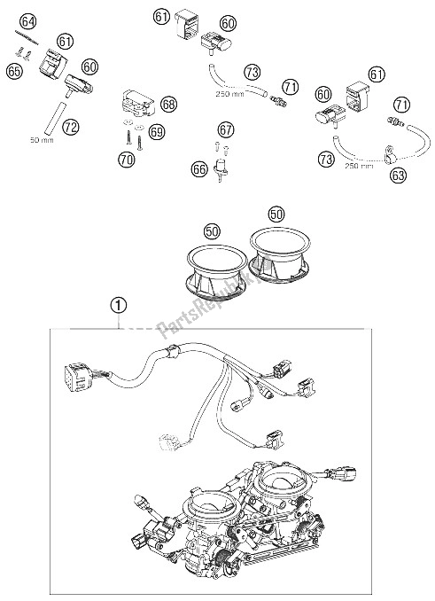All parts for the Throttle Body of the KTM 990 Supermoto Orange USA 2008