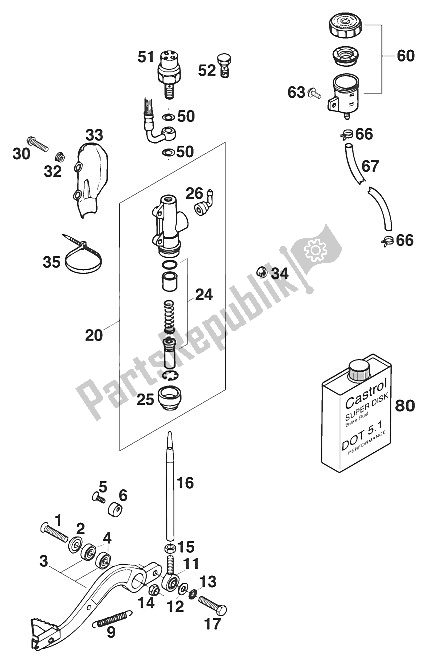 Tutte le parti per il Comando Freno Posteriore Lc4'95 del KTM 620 SUP Comp WP 20 KW Europe 1996