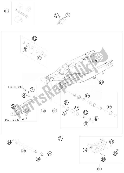 Alle onderdelen voor de Zwenkarm van de KTM 125 SX Europe 2010