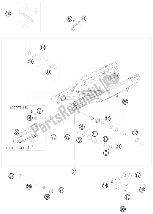 All parts for the Swing Arm of the KTM 250 SX F Fact Repl Musq ED 10 Europe 2010