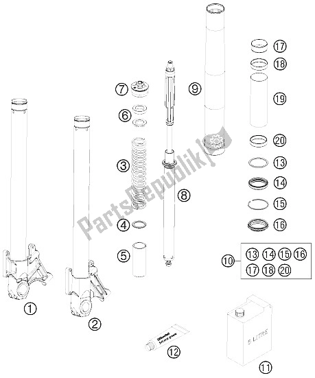 All parts for the Front Fork Disassembled of the KTM 990 Super Duke Black Europe 2009