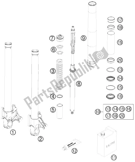 Todas as partes de Garfo Dianteiro Desmontado do KTM 990 Super Duke Black USA 2009