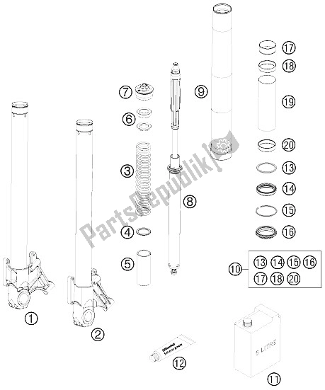All parts for the Front Fork Disassembled of the KTM 990 Super Duke White Europe 2008