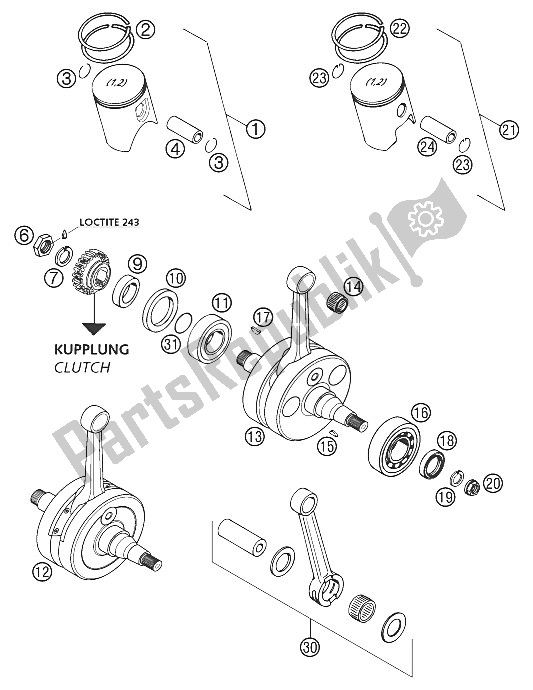 All parts for the Crankshaft, Piston 250/300/380 of the KTM 250 SX Europe 2002