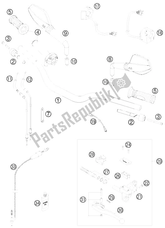 All parts for the Handlebar, Controls of the KTM 990 Supermoto Orange France 2009