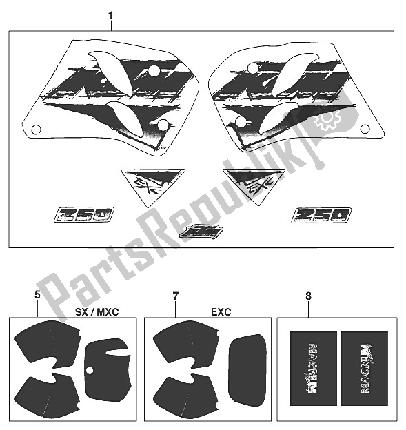 Alle onderdelen voor de Sticker Set 250/300/360 '96 van de KTM 250 EGS M ö 12 KW Europe 1996