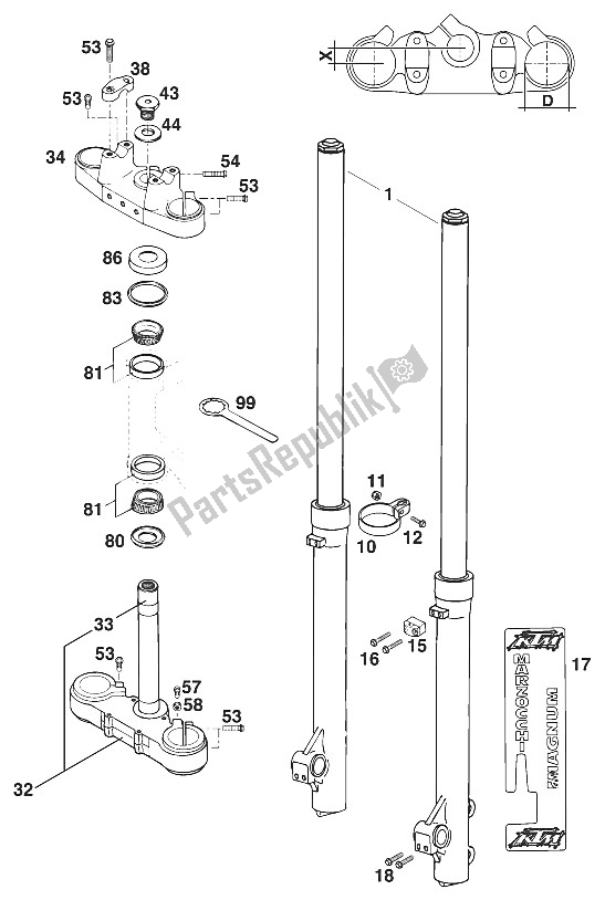 Tutte le parti per il Forcella Anteriore - Attacco Manubrio Marzocchi 125-300'95 del KTM 125 SX Marz OHL USA 1995