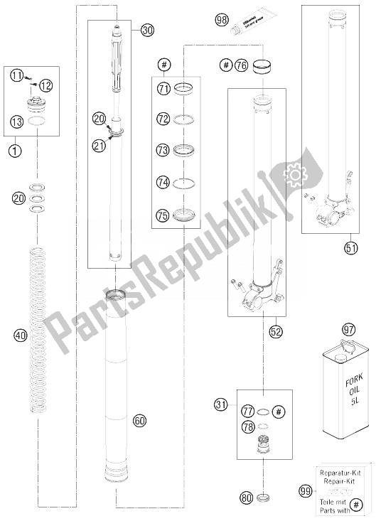 Todas las partes para Horquilla Delantera Desmontada de KTM 990 Adventure Baja USA 2013 Todas las partes para Horquilla Delantera Desmontada de KTM 990 Adventure Baja USA 2013