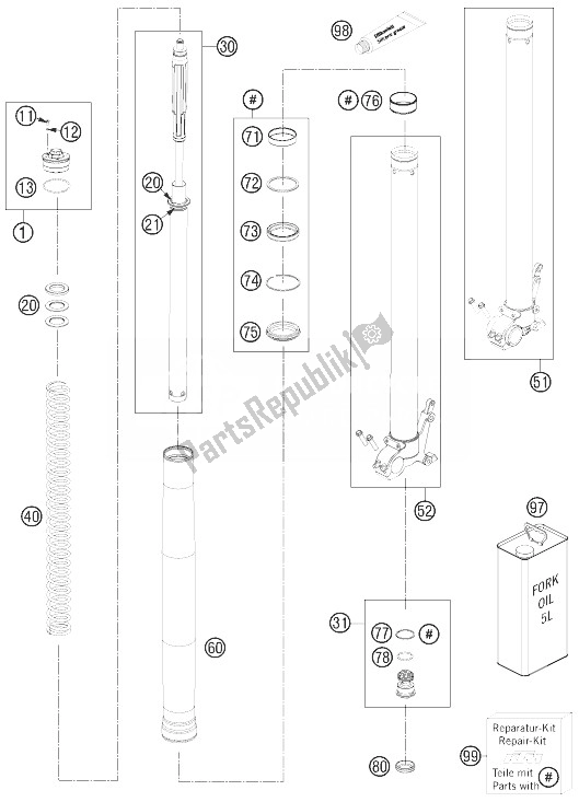 All parts for the Front Fork Disassembled of the KTM 990 Adventure Orange ABS 10 USA 2010