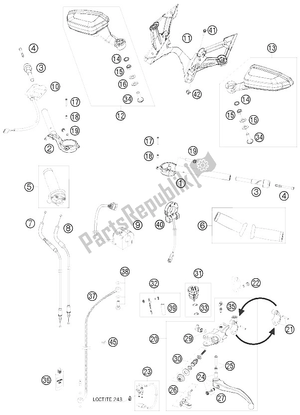 All parts for the Handlebar, Controls of the KTM 1190 RC 8 R Europe 2009