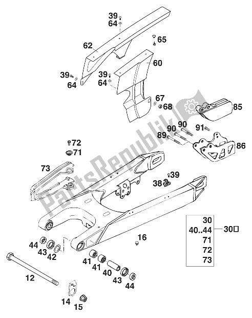 All parts for the Schwingarm 400-620 Lc4 '97 of the KTM 400 EGS 20 KW 11 LT Orange Europe 1997