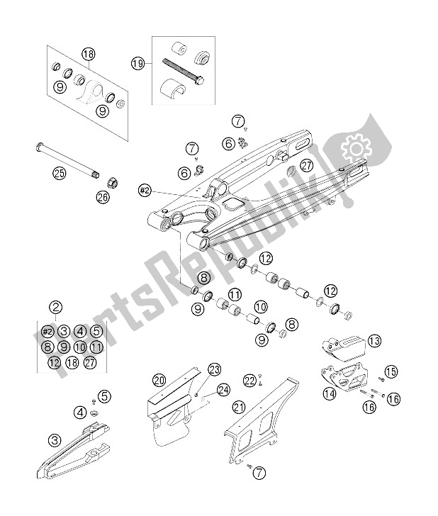 All parts for the Swingarm of the KTM 200 EXC Australia 2006