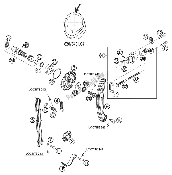 All parts for the Timing Train 640 Lc4 2002 of the KTM 640 Duke II Orange United Kingdom 2002
