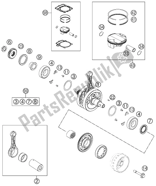 Alle onderdelen voor de Krukas, Zuiger van de KTM 350 SX F Cairoli Replica 12 Europe 2012