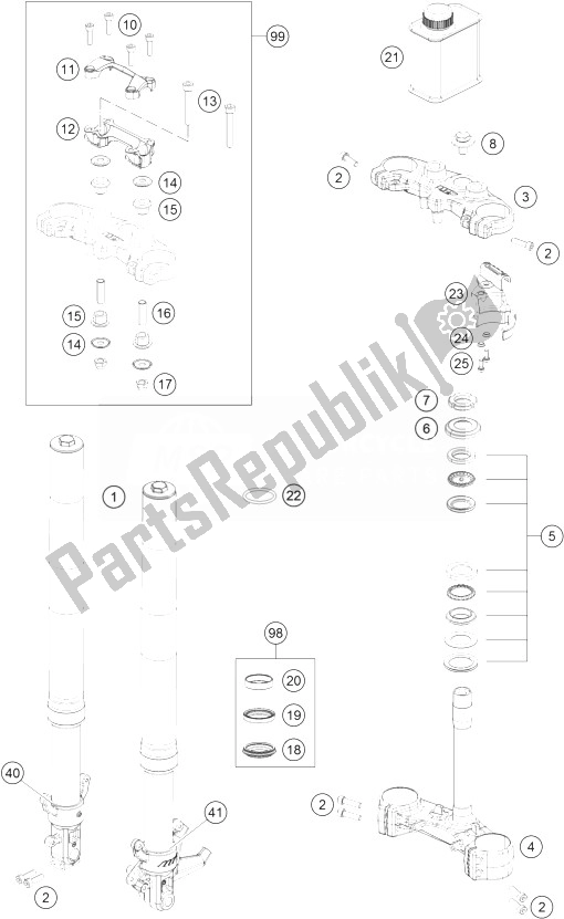 All parts for the Triple Clamp, Front Fork of the KTM 200 Duke White ABS CKD Malaysia 2014