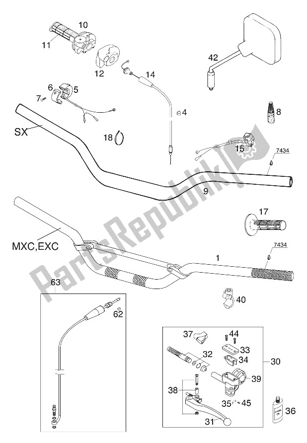 Tutte le parti per il Manubrio - Comandi 125-200 2001 del KTM 200 MXC USA 2001