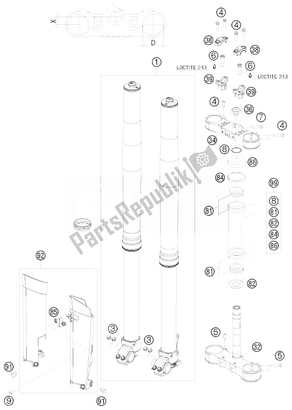 All parts for the Front Fork, Triple Clamp of the KTM 530 EXC Champion Edit USA 2010