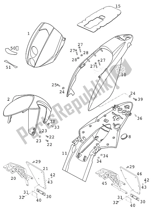 All parts for the Mask, Fender 640 Duke 2000 of the KTM 640 Duke II Lime Europe 2000