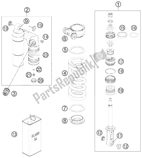 All parts for the Monoshock Dissassembled of the KTM 990 Superm T Black ABS Europe 2012