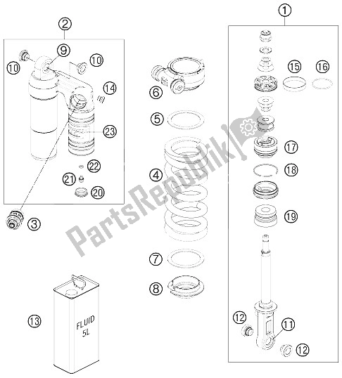 All parts for the Monoshock Dissassembled of the KTM 990 Superm T Orange ABS Europe 2012