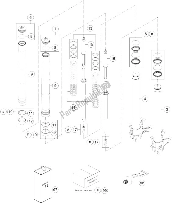 Tutte le parti per il Forcella Anteriore Smontata del KTM 1290 Superduke R Black ABS 15 USA 2015