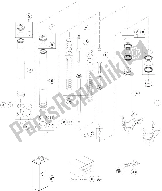 All parts for the Front Fork Disassembled of the KTM 1290 Superduke R Orange ABS 15 China 2015
