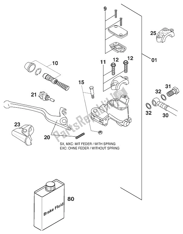 Tutte le parti per il Cilindro Freno A Mano Brembo 125-3 del KTM 125 EXC Europe 2000