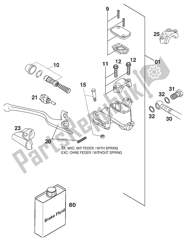 Tutte le parti per il Cilindro Freno A Mano Brembo 125-3 del KTM 200 EXC SGP Asia 2000