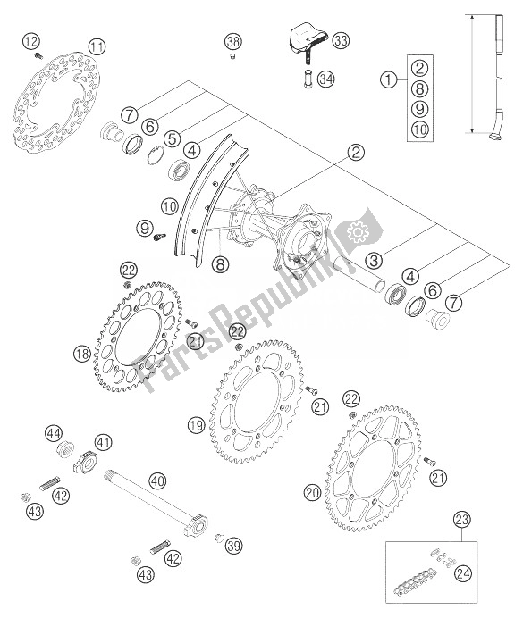 All parts for the Rear Wheel 125/200 of the KTM 200 SX Europe 2004