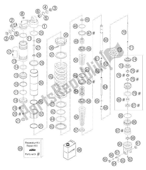 All parts for the Monoshock Wp Disassembled of the KTM 250 EXC Factory Europe 2005