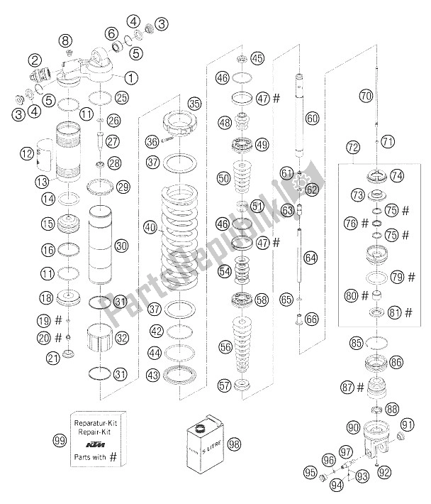 Alle onderdelen voor de Monoshock (einzelteile) 250-52 van de KTM 250 EXC Racing Europe 2005