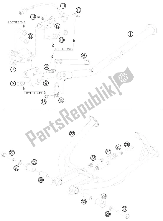 All parts for the Side / Center Stand of the KTM 990 Adventure White ABS 09 USA 2009