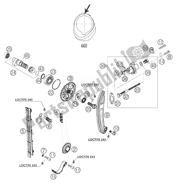 All parts for the Timing Train 660 Sms of the KTM 660 Supermoto Factory Repl 03 Europe 2003