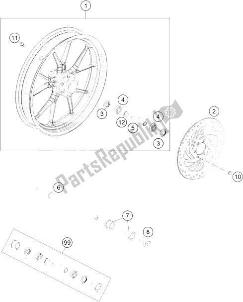 All parts for the Front Wheel of the KTM 200 Duke OR W O ABS CKD 16 Argentina 2016