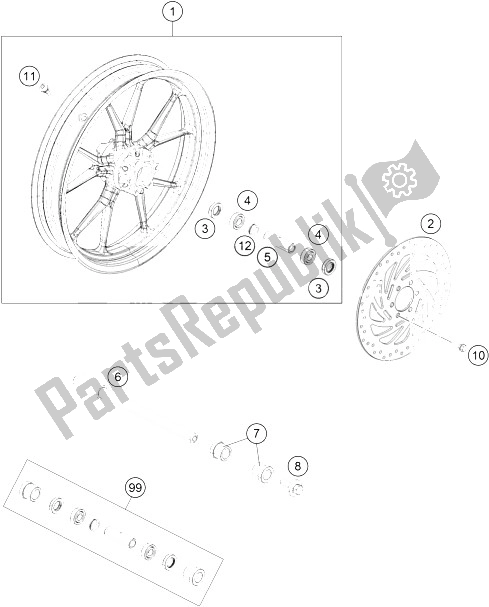 All parts for the Front Wheel of the KTM 200 Duke WH W O ABS CKD 16 Argentina 2016