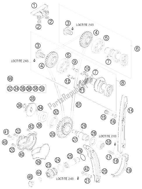 Alle onderdelen voor de Timing Aandrijving van de KTM 250 EXC F Australia 2009