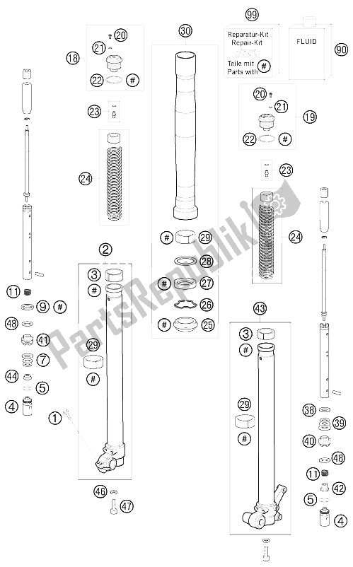 Tutte le parti per il Forcella Anteriore Smontata del KTM 65 SX Europe 2011