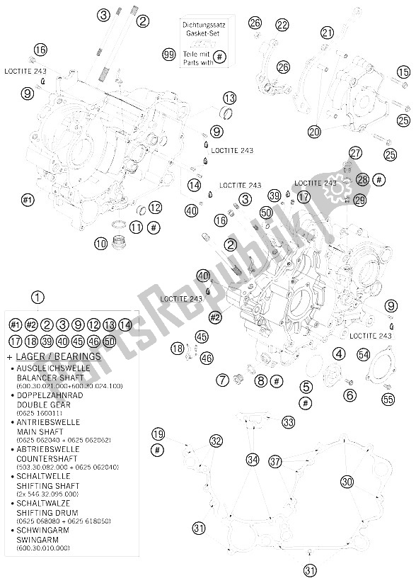 All parts for the Engine Case of the KTM 990 Super Duke Black Australia United Kingdom 2008
