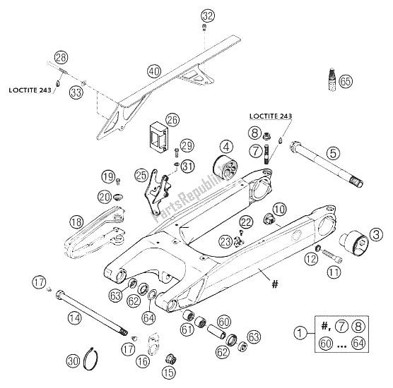 All parts for the Swing Arm, Chainguard 640 Duke of the KTM 640 Duke II Weiss Europe 2002