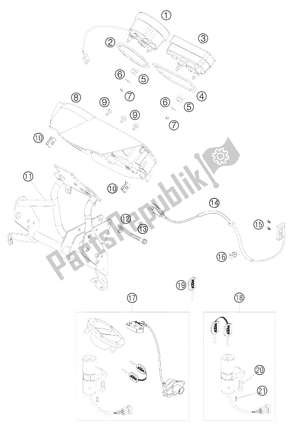 All parts for the Cockpit Bracket - Speedometer - Rev Counter of the KTM 950 Adventure Black USA 2005