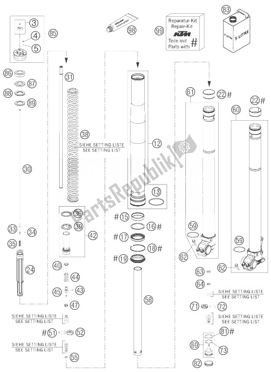 All parts for the Front Fork Disassembled of the KTM 250 EXC F SIX Days Europe 2007