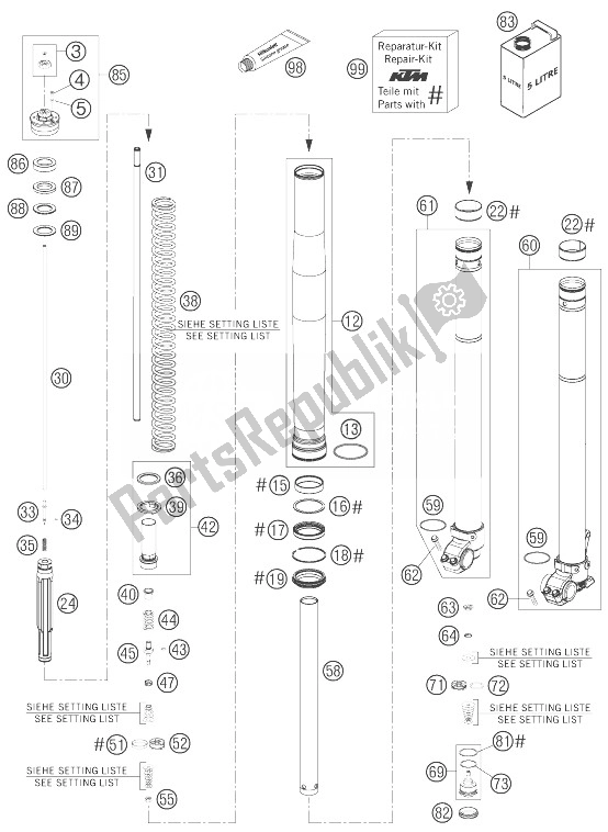 All parts for the Front Fork Disassembled of the KTM 450 EXC Factory Racing Europe 2007