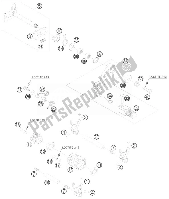 All parts for the Shifting Mechanism of the KTM 250 EXC Europe 2010