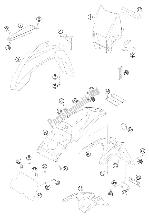 Tutte le parti per il Maschera - Parafango 625 Sxc del KTM 625 SXC Australia United Kingdom 2005