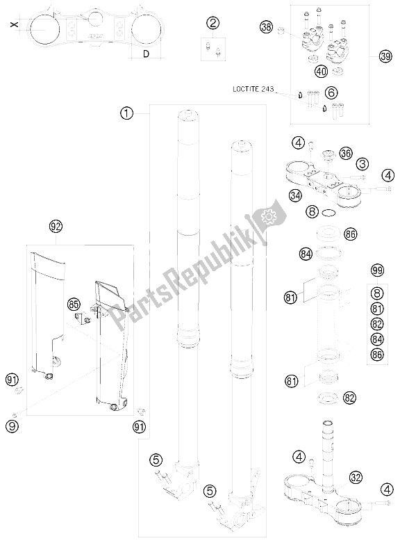 All parts for the Front Fork, Triple Clamp of the KTM 250 EXC F SIX Days Europe 2009