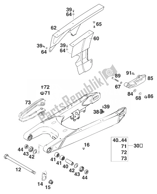 All parts for the Schwingarm 400/640 Lc4 '99 of the KTM 640 LC4 Silber 18 5 LT Europe 1999