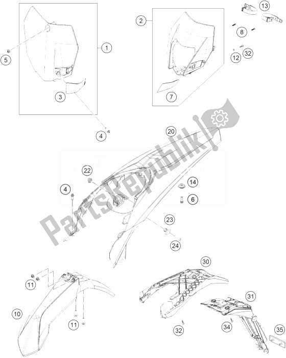 All parts for the Mask, Fender of the KTM 125 EXC SIX Days Europe 2014