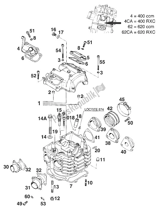Alle onderdelen voor de Cilinderkop Lc4'94 van de KTM 400 Duke 20 KW Europe 1994