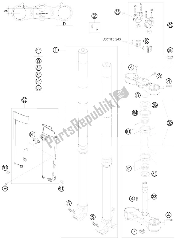 All parts for the Front Fork, Triple Clamp of the KTM 250 EXC SIX Days Europe 2008