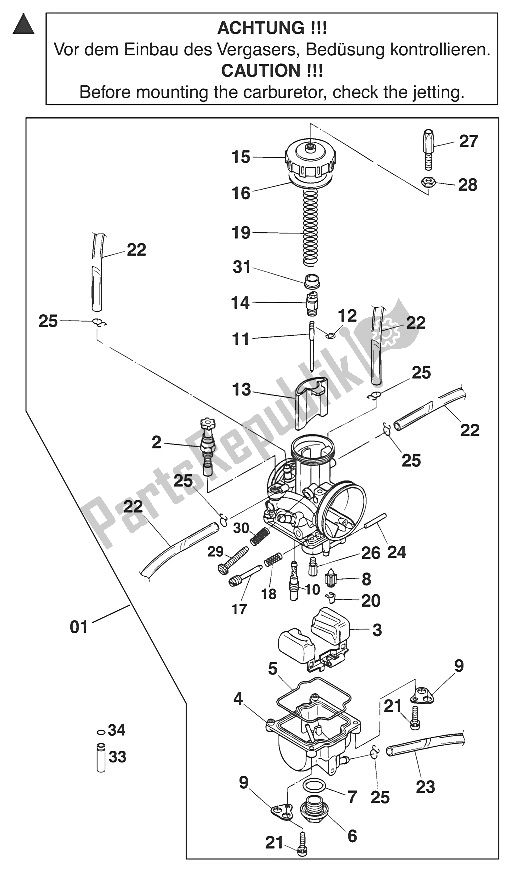 Alle onderdelen voor de Carburateur Keihin 20 van de KTM 125 EXC USA 2000